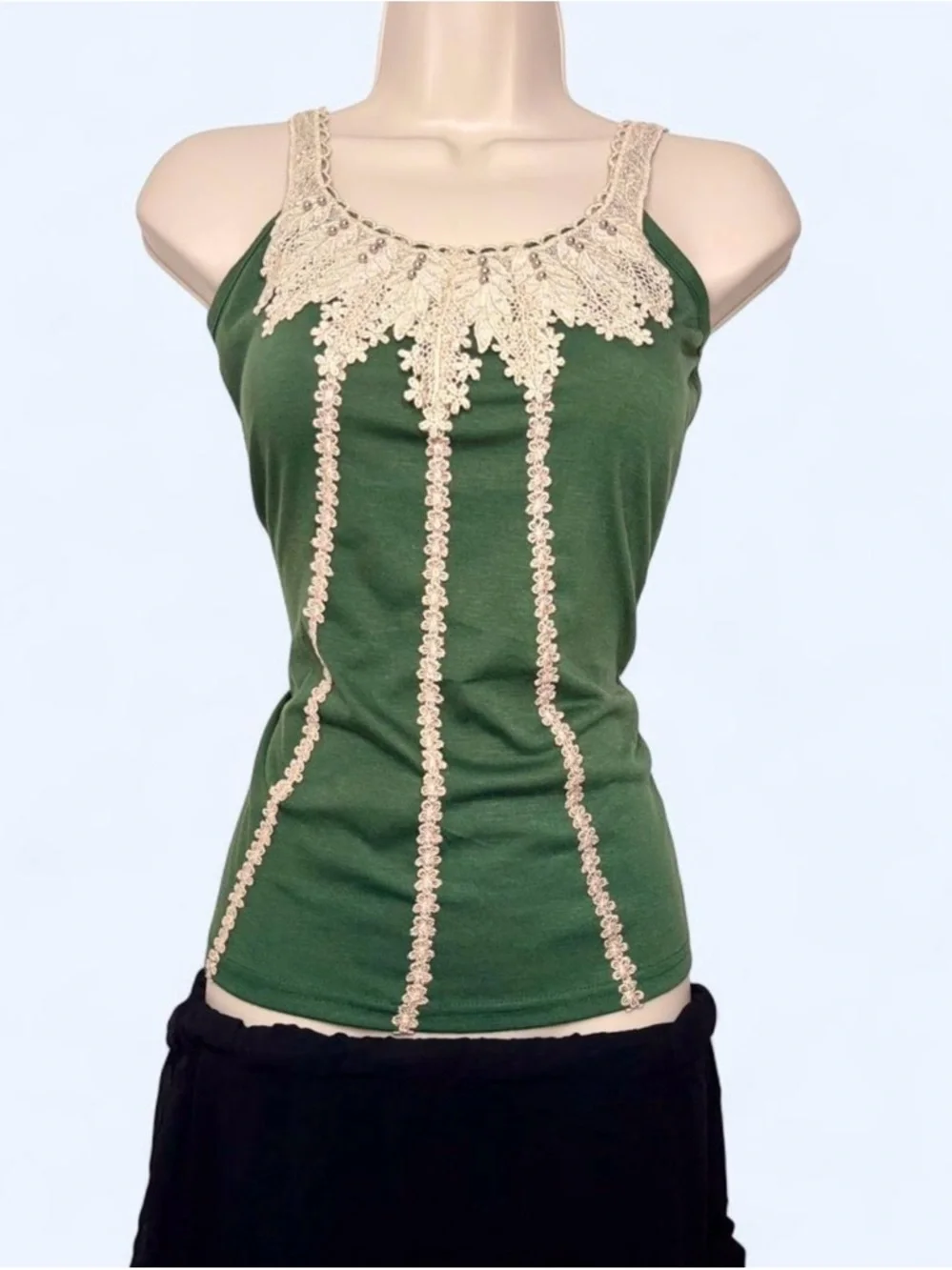 Fairycore Green Tank Top with Cream Crochet Trim - Picture 2 of 6